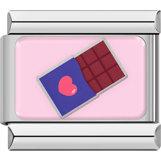 A silver Italian charm featuring a chocolate bar in a blue wrapper with a heart icon.